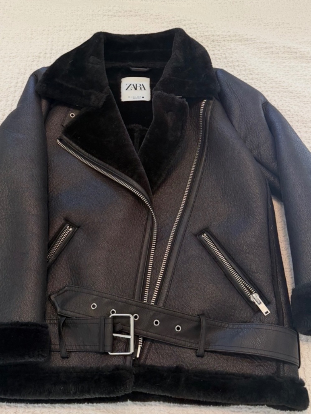 ZARA Black Faux Shearling Aviator Jacket – Size Small